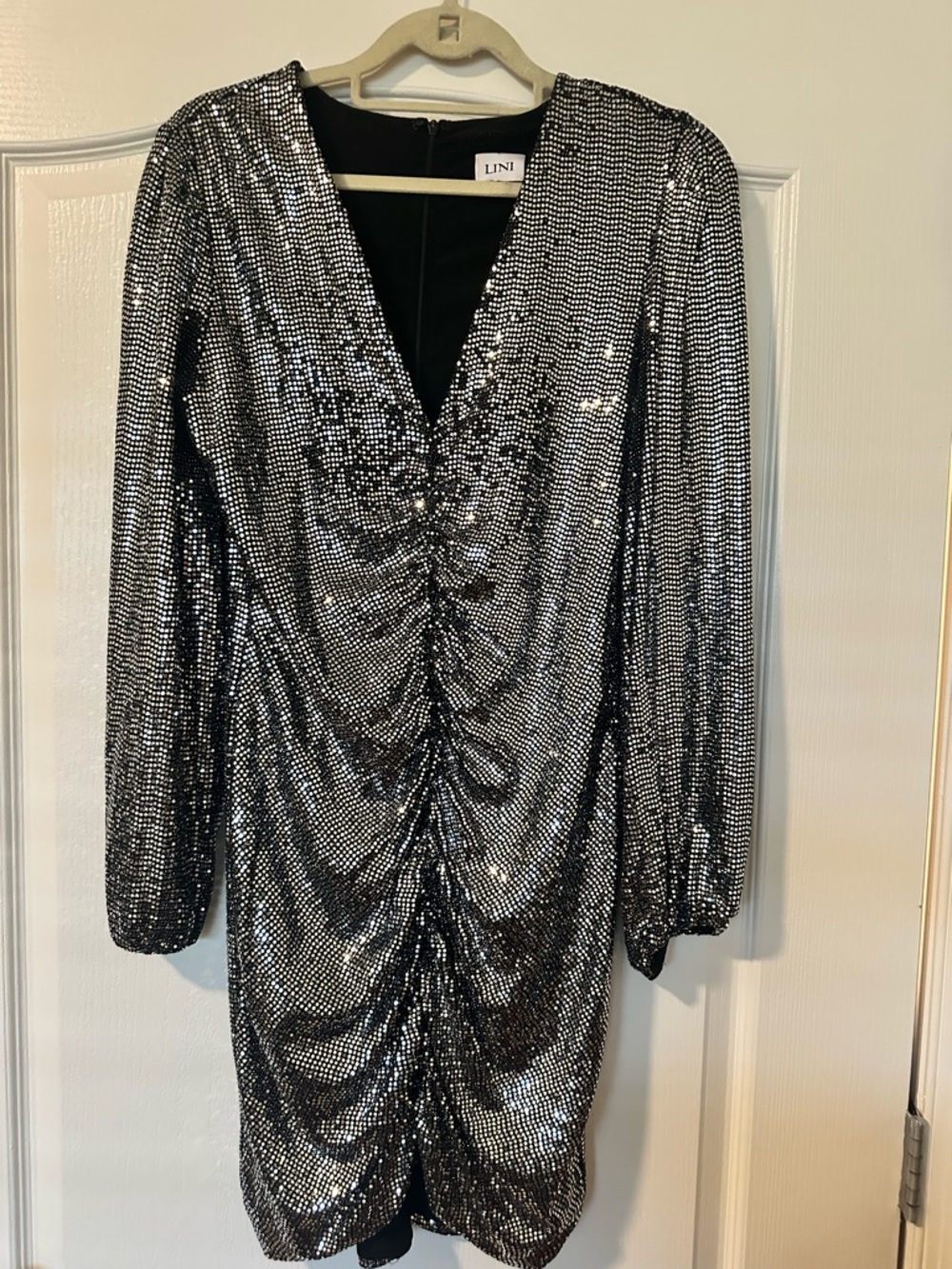 LINI Silver Sequin Long Sleeve Ruched V-Neck Dress